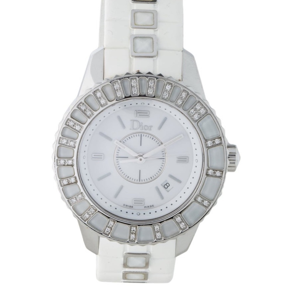 Dior White Ceramic and Silver Crystal Bezel Watch